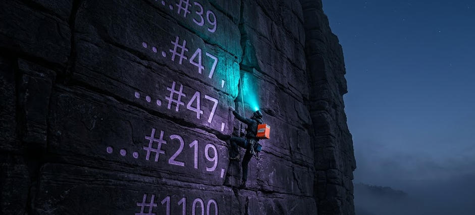 A climber ascending a night cliff face etched with leaderboard ranks — #1100, #219, #47, #39 — carrying a small flight-recorder lantern casting cyan light upward.