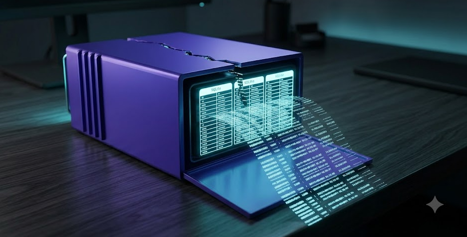 A violet flight recorder cracked open on a dark desk, revealing glowing SQLite tables streaming out as luminous ledger entries.